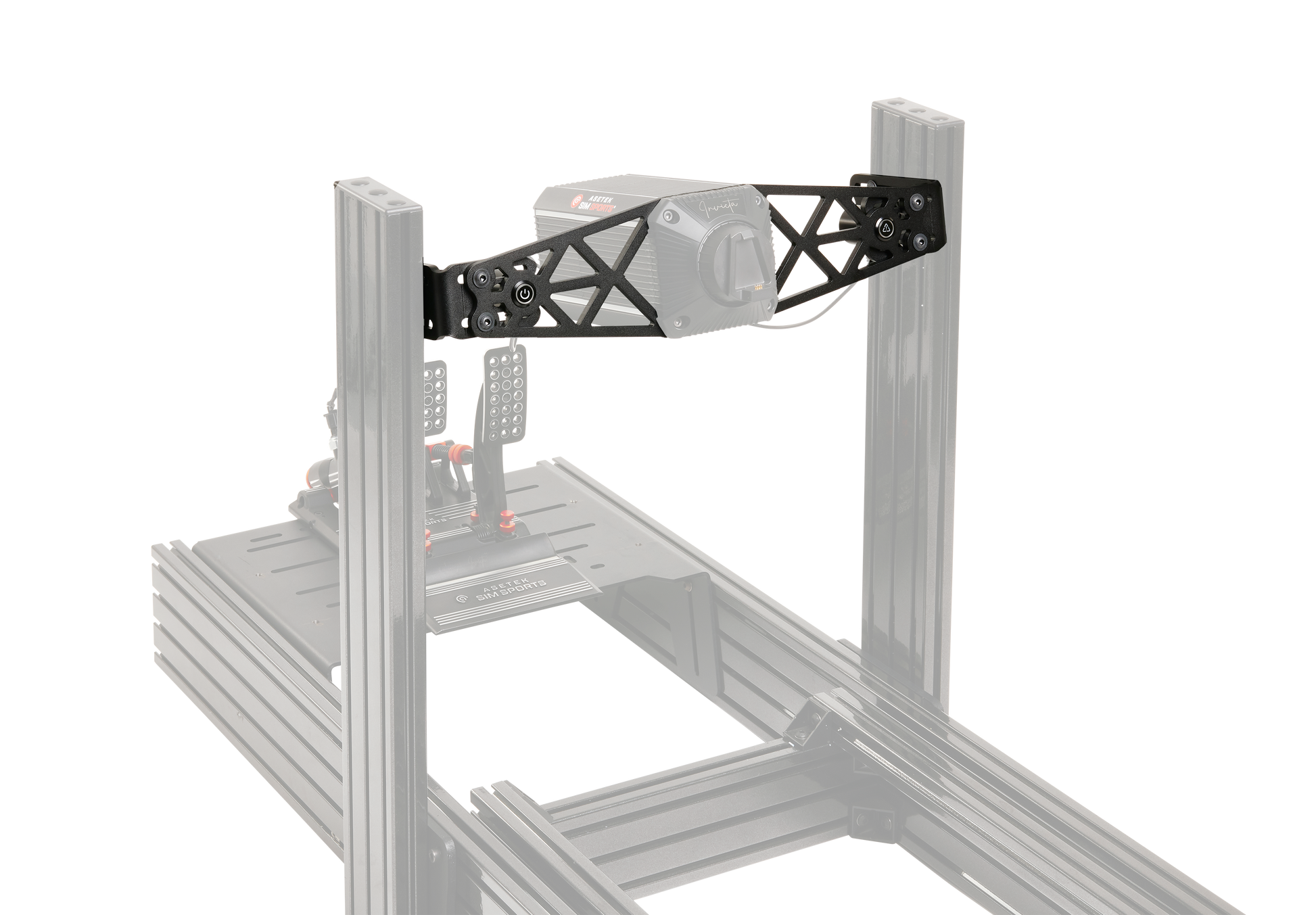 Asetek SimSports Front Mount attachment for simulator, providing stability and adjustable positioning for optimal racing experience.